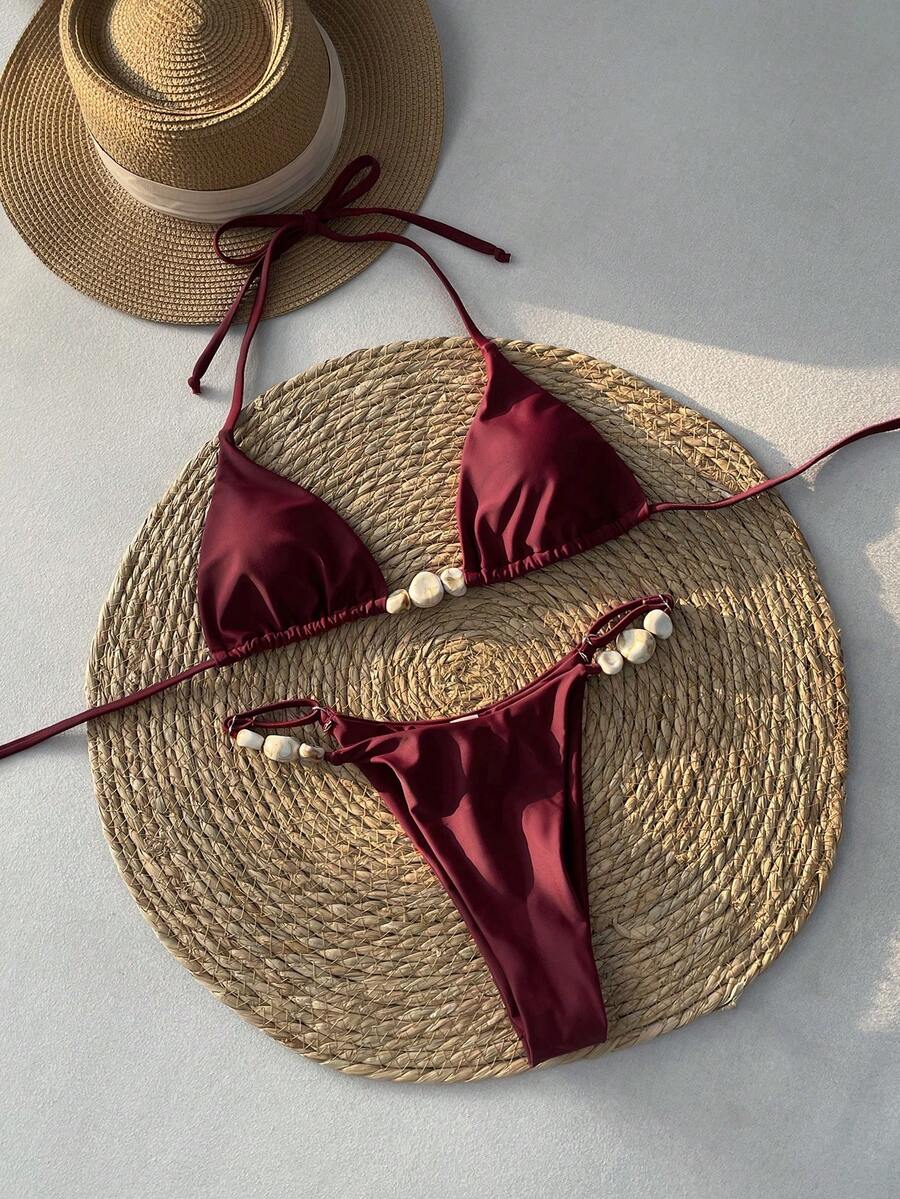 Swim Mod 女士深红色露背琥珀玉色点缀性感比基尼套装 - 紅色 - 查看 1