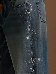 Athîral Women's Casual Daily Wear Of Wide Leg Jeans, Sparkling Jeans, Date And Party Outfits, Retro Street Outfits, Outdoor Outfits, Blue Jeans, Rhinestone Jeans, Music Festival Outfits - Medium Wash - View 4