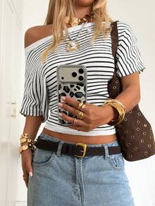 SHEIN EZwear 休闲不对称领条纹毛衣，春夏款 - 黑與白 - 查看 3