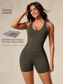 OutZeal Women Sports Jumpsuit Cycling Gym Outfit Tummy Control Sweat Wicking Bra-In Backless Design - Army Green - View 2