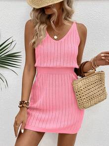 EMERY ROSE Fashionable Versatile Hollow Crochet V-Neck Women Sweater Dress - Pink - View 5
