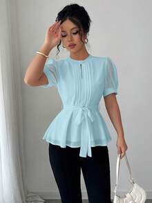 Elenzga 女士春夏优雅圆领泡泡袖系腰蝴蝶结装饰A字简约优雅短袖衬衫 - 藍色 - 查看 4
