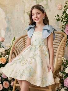 SHEIN 少女花卉提花蝴蝶结露肩无袖连衣裙 - 粉色 - 查看 10