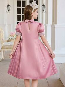 SHEIN Tween Girl Elegant Short Sleeve A-Line Dress Girl Pink Dress Elegant Pink Dress Pink 3D Flower Deco Dress Modest Girl Dress Girl Puff Sleeve Dress - Mauve Purple - View 12