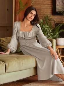 Lullawish 波西米亚风荷叶边灯笼袖蝴蝶结设计长款女士睡裙 - 灰色 - 查看 1