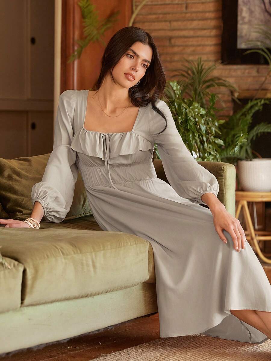 Lullawish 波西米亚风荷叶边灯笼袖蝴蝶结设计长款女士睡裙 - 灰色 - 查看 1