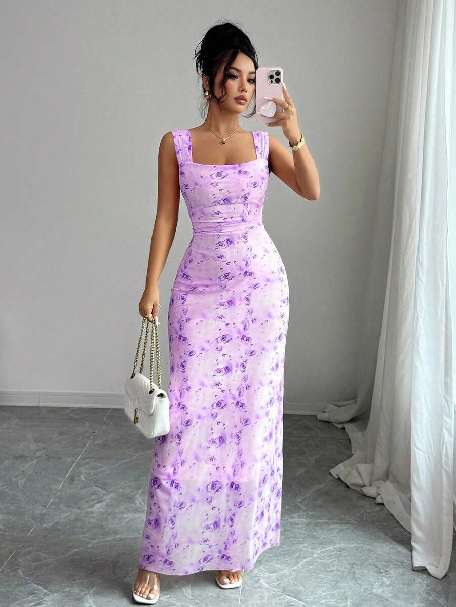 Elenzga Women's Floral Print Ruched Waist Elegant Long Dress, Suitable For Dates And Parties - Purple - View 1