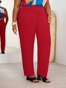 BrightlyHer 大码女式秋冬休闲日常酒红色长裤，带口袋，适合秋冬季外出穿着，2025新款，简约时尚，适合日常穿着，也适合圣诞节、新年、感恩节等节日穿着，松紧腰设计，休闲女裤。 - 紅色 - 查看 3