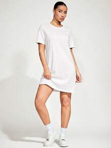 SHEIN BASICS Women's Solid Color Round Neck Casual Commute Short Sleeve Dress Summer Dresses For Women - White - View 7