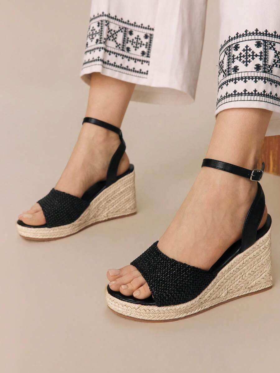 Styleloop Women's Casual Commute Vacation Versatile Solid Color Lace-Up Wedge Sandals, Suitable For Vacation Outfits And Vacation Outfits Travel Essentials Summer Shoes - Black - View 1
