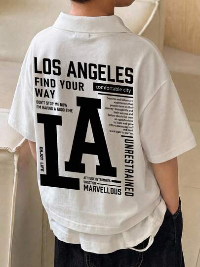 SHEIN 男童休闲舒适时尚简约实用柔软印花字母图案透气短袖衬衫，适合春夏穿着。