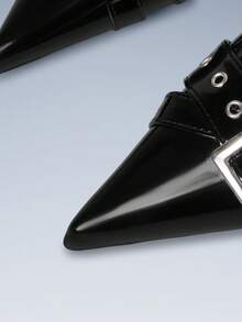 CUCCOO GRLICON Green Pointed Cross-Strap Double Buckle Kitten Heel Empty Women's Shoes - Black - View 5