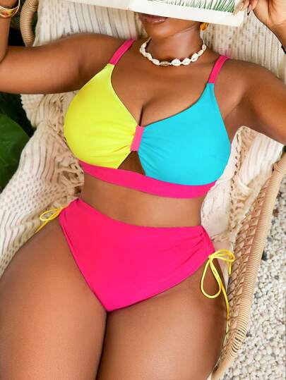 Slaydiva Plus Size Casual Vacation Contrast Color Bikini Set