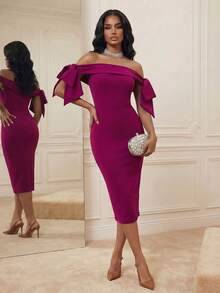 Playroots 女士性感露肩蝴蝶结系带紧身派对连衣裙，紫色，秋季 - 玫紅色 - 查看 3