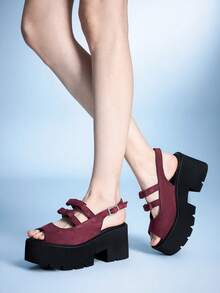 Sugerpunk Women's Punk Style Y2K Casual Streetwear Hollow Out Suede Platform Wedge Sandals, Gothic Retro Bowknot Heel Crystal Buckle Strap Design Roman Gladiator Chunky Heel Peep Toe Party Nightclub Festival Comfortable Slip-On Shoes 2000s Style Summer Shoes Y2K - Burgundy - View 3