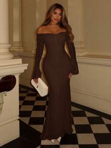 Maria Perezxox 女士优雅白色蕾丝露肩长袖美人鱼连衣裙，适合婚礼、派对、聚会 - 咖啡棕 - 查看 6