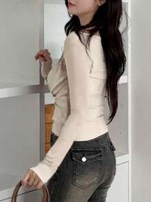 DAZY 两件套性感设计长袖T恤，吊带领，修身款，休闲女式上衣 - 米色 - 查看 5