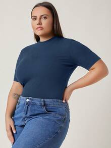 EMERY ROSE Plus Size Casual Solid Color Short Sleeve T-Shirt, Summer - Navy Blue - View 3