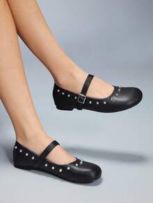 CUCCOO GRLICON Women's Buckle Rivet Decor Flat Loafers - Black - View 3