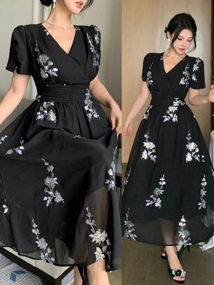 Women's Elegant Floral Sequin V-Neck Petal Sleeve Ruched Midi Dress, Summer,Wedding Guest Dress Women Sundress