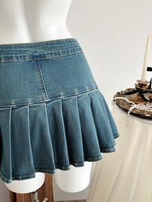 Elamini 女士休闲百褶牛仔裙，带孔眼扣设计 - 藍色 - 查看 4