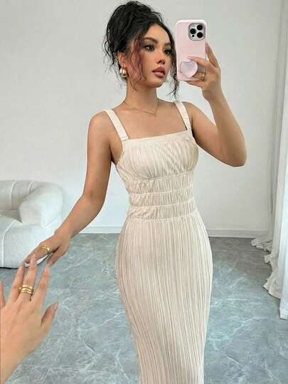 Elenzga Elegant Commuter Pleated Waist Strap Dress, Spring/Summer