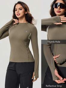 OutZeal Women Sports Tees Running Gym Wear Quick Dry Moisture Wicking Long Sleeve Round Neck Mesh Design Active Tops - Army Green - View 4