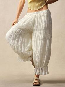 Bohemela Quần ống rộng dệt màu trơn phong cách Boho cho nữ, quần bloomer kiểu Bohemian mùa hè. - Màu be - Xem 4