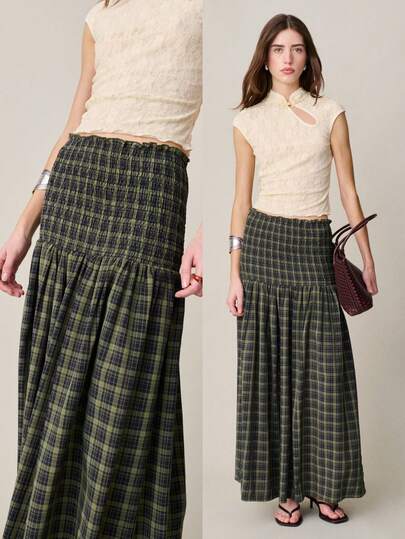 Nöista Falda midi a cuadros, cintura alta con área de costura fruncida en la cintura, cuadros verdes y negros. Informal para mujeres, primavera verano.