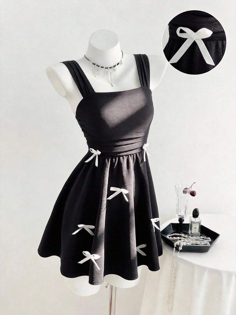 SHEIN 少女无袖宽肩带蝴蝶结装饰优雅连衣裙