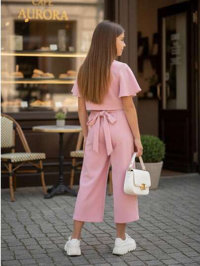 Conjunto set de 2 piezas de manga corta con trias ajustables espalda y pantalones anchos transpirables y cómodos de color sólido para niños para uso diario