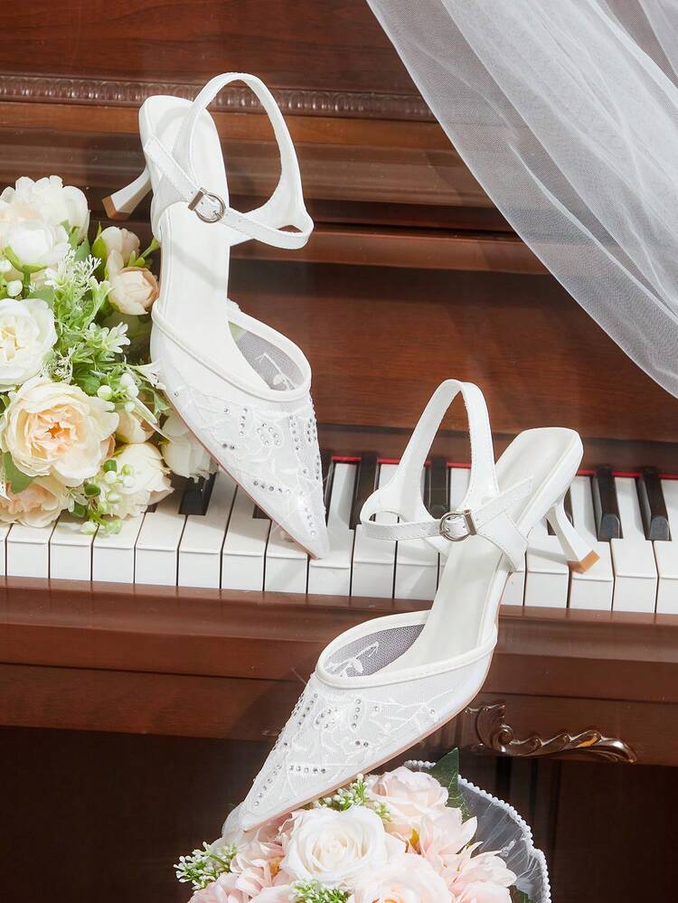 CUCCOO HITCHD Pointed Breathable Mesh Embroidery Rhinestone Hollow Fashion Elegant Versatile Sexy Fairy Wedding Banquet White High Heels Wedding Shoes Spring Shoes Bride Shoes