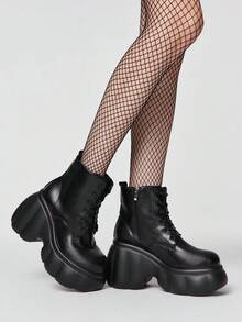 ROMWE Women Heeled Sandals~ 2026 New Fashion Autumn And Winter Punk Style Dark PU Round Toe High-Heeled Wedge Heel Thick-Soled Lace-Up Boots Small Ankle Boots - Black - View 3