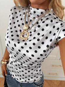SHEIN EZwear 女士立领短袖白色底波点修身衬衫 - 黑與白 - 查看 4