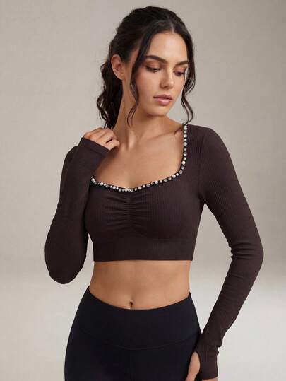 Anewsta 女士时尚修身运动T恤，饰有珠子和水钻，适合春夏穿着