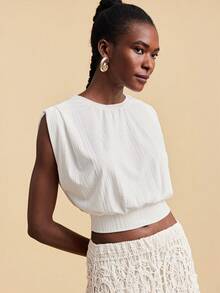 Travachic Women's Elegant White Summer Round Neck Ruched T-Shirt,Cinched Waist Pleated Structured Crop Top,Boho Vacation Party - White - View 6