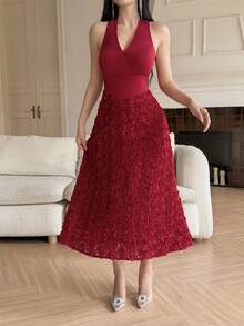 Feyla Vestido midi sin mangas de unicolor elegante con flores 3D para mujer - Rojo - Ver 5
