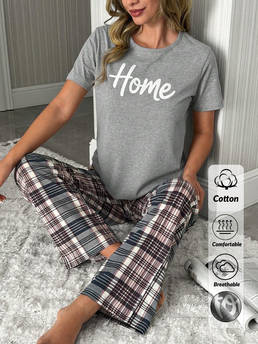 SHEIN "CozyHome" Graphic Jersey Tee And Classic Check Flannel Drawstring Pajama Set - Grey - View 1