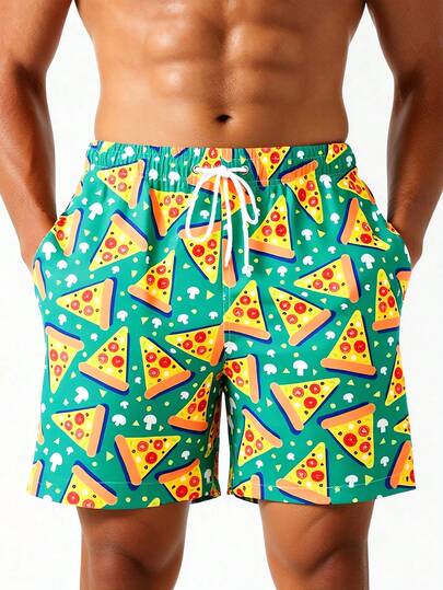 Horizaway กางเกงขาสั้นลำลองพิมพ์ลายพิซซ่าสำหรับผู้ชาย