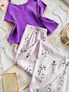 CottageSlumber Faux Silk Solid Color Camisole Top And Printed Pants Women Pajama Set Purple Pajama Set Lavender Pajama Set Floral Pajama Set Floral Print Pajama Set - Purple - View 4