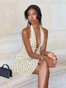 Mima John 女士性感波点印花深V领露背迷你连衣裙，度假风，夏季派对 - 杏色 - 查看 5