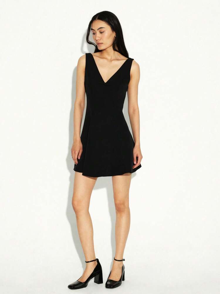 KSTM Sleeveless V Neck Black Mini Dress With Bow Detail A Line Fit And Flare Party Date Night