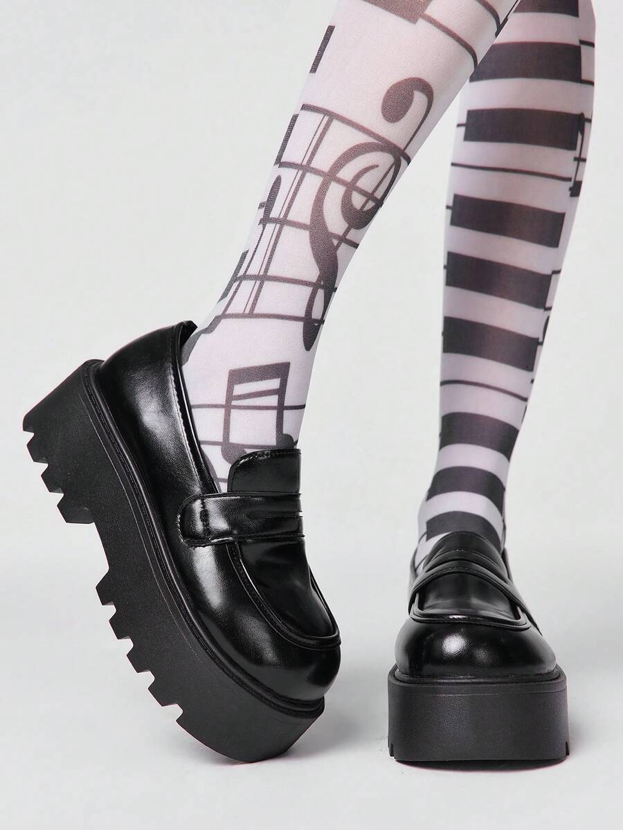 ROMWE Goth 2026新款春秋增高平底凉鞋，PU材质，适合娇小女性，英伦风时尚黑色皮鞋 - 黑色 - 查看 1