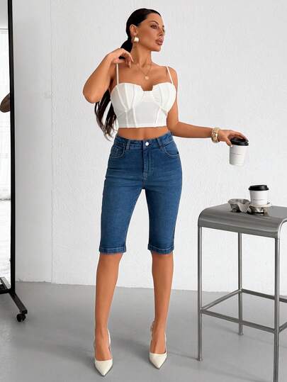 SHEIN Slim Fit Mid-Length Denim Shorts For Summer