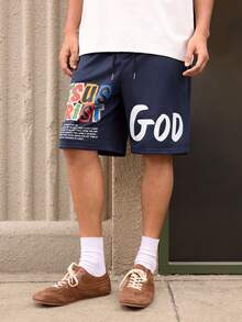 Men's Shorts, Urban Casual Solid Color Letter Print, Drawstring Waist Loose Relaxed Fit, Sports, Spring Summer - Navy Blue - View 6