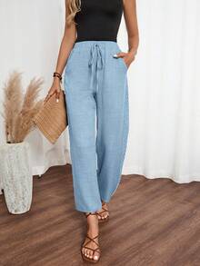 SHEIN LUNE Women's Denim Effect Linen Floral Trim Side Pants - Blue - View 3