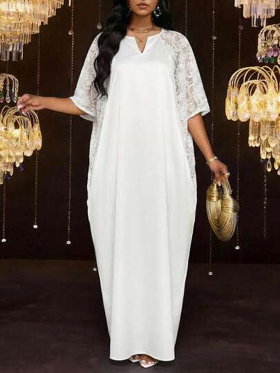 SHEIN Lady Women's Contrast Lace Raglan Sleeve Dress, Elegant