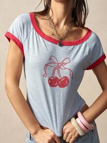 Bohemela 女士夏季Y2K休闲度假海滩波西米亚乡村音乐节西部撞色樱桃印花T恤，夏季女装，自由休闲风格，海滩，夏季度假，派对，外出上衣 - 彩色 - 查看 1