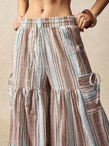 Bohemela 女士休闲轻松夏日风，完美适用于外出、度假、海滩、波西米亚乡村音乐节等场合。花卉提花条纹亚麻宽松喇叭阔腿裤，尽显自由自在的时尚风格，是沙滩装、夏季度假装的理想之选。 - 彩色 - 查看 6