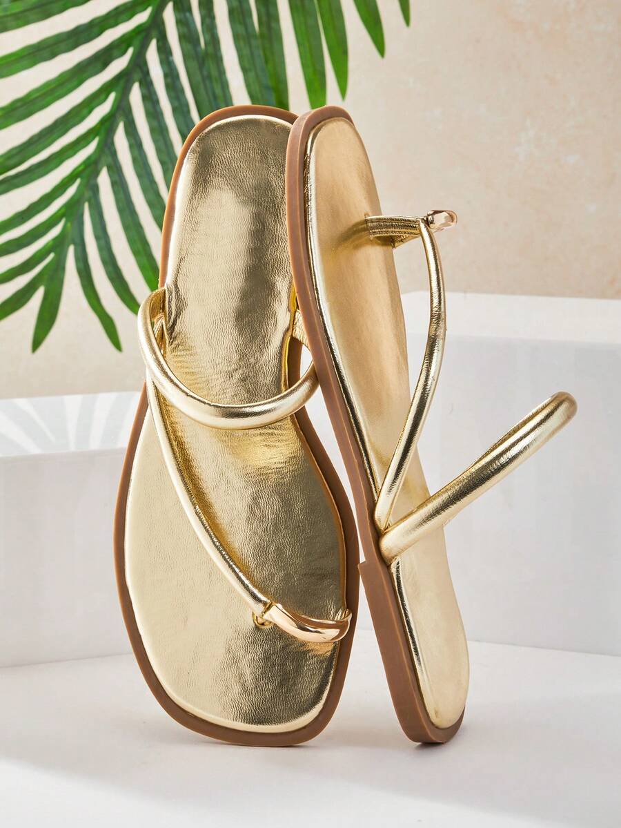 SHUZIA Sandal nữ màu vàng ánh kim bằng chất liệu PU, kiểu dáng đế bằng, chống trượt, thoải mái, hở mũi, thời trang, thích hợp cho mùa xuân hè, đi nghỉ mát, đi biển. - Vàng - Xem 1